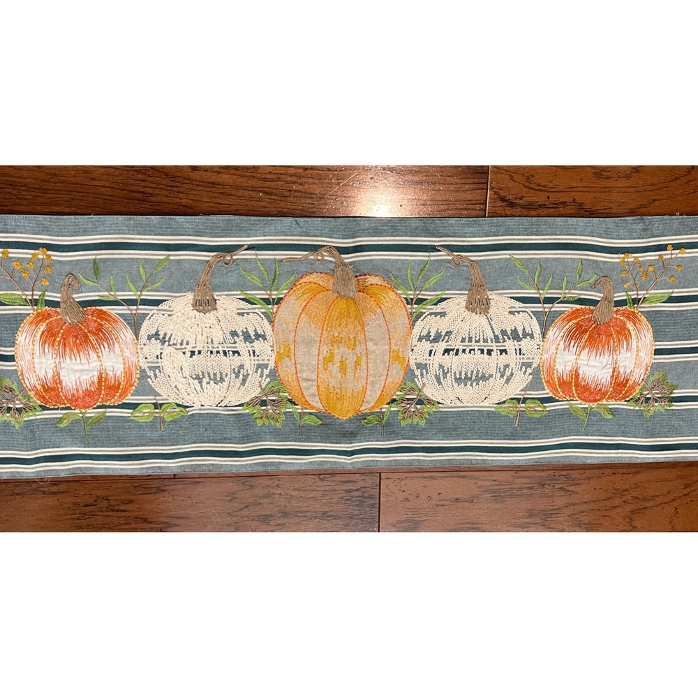 Bountiful Fall Harvest Pumpkins  Embroidered Decorative Table Runner‎ BLUE 72x16